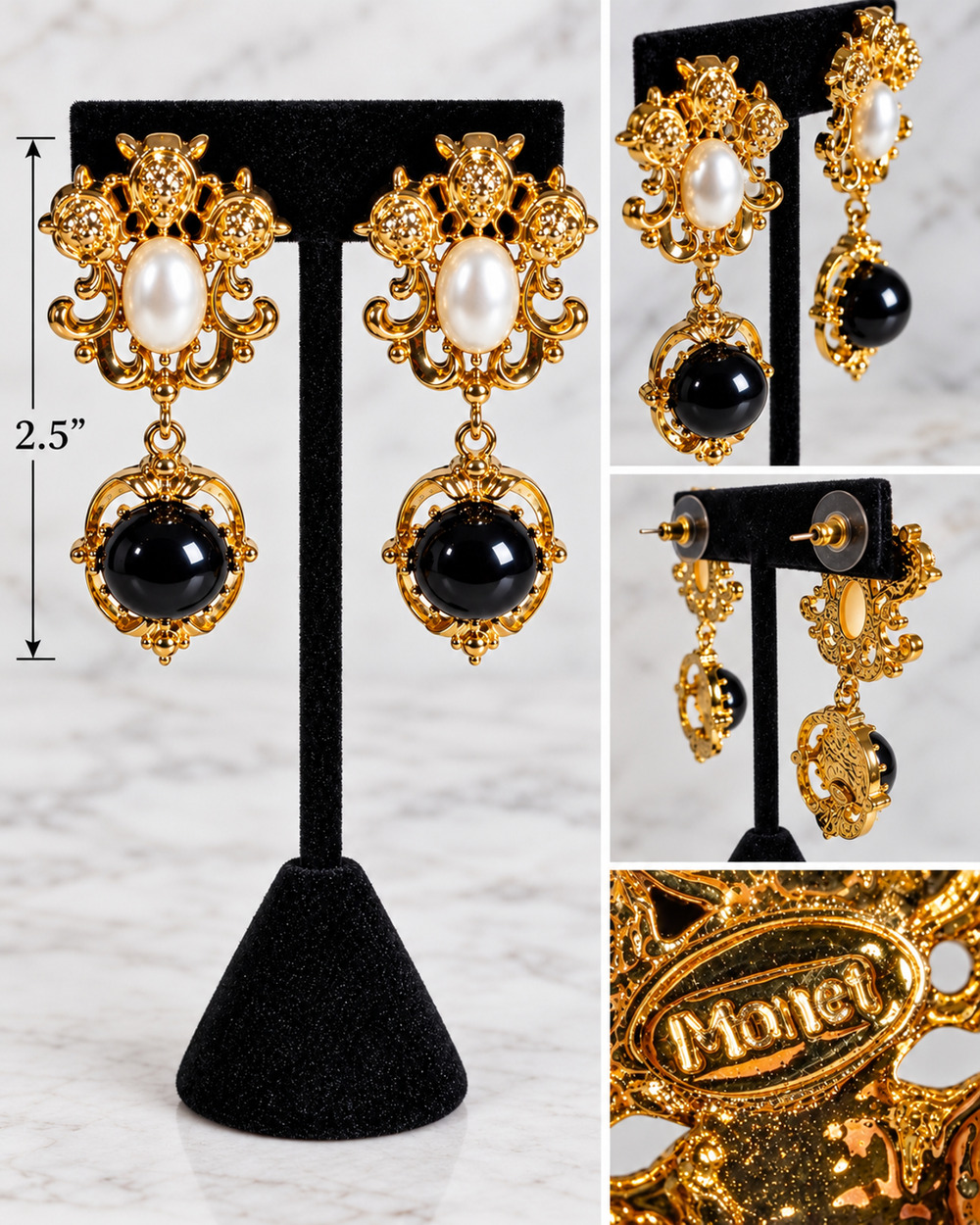 VTG 1992 Avon Baroque Style Lion Head Drop Earrings Monet Signed Pearl Onyx 2.5”